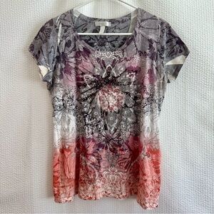 Dressbarn Women’s Floral Gray Red Short Sleeve Top Size: Large